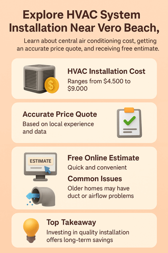Explore HVAC System Installation Near Vero Beach FL – Central Air Conditioning Cost, Accurate Price Quote, and Free Online Estimate 2 Vertical infographic with a peach background explaining HVAC system installation near Vero Beach, FL, featuring 3D icons and key points on installation cost, accurate price quotes, free online estimates, common issues in older homes, and a top takeaway on long-term savings.