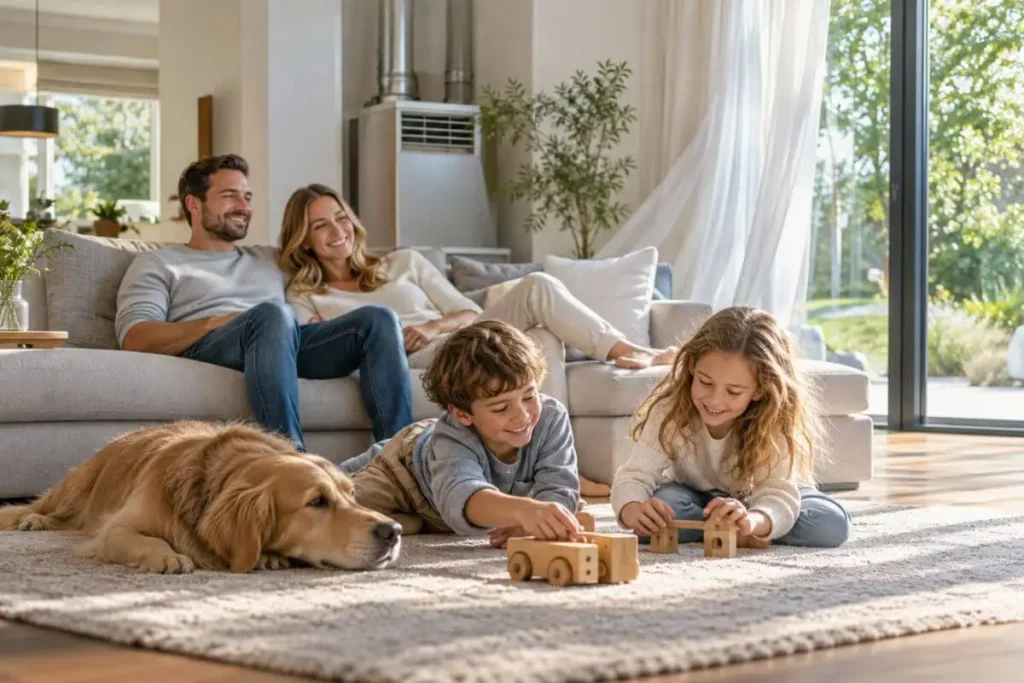 Current Live Forest Wildfire & Smoke Map in Kansas City Missouri Today 2 Happy family relaxing and playing in a bright, comfortable living room with a modern HVAC system and clean indoor air, highlighting the importance of protecting indoor air quality while monitoring Raleigh, North Carolina wildfire and smoke map updates.